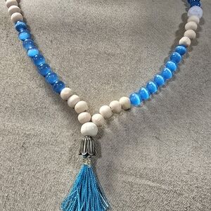 Blue Cats Eye and White Crystal Quartz Beaded Necklace with Tassel